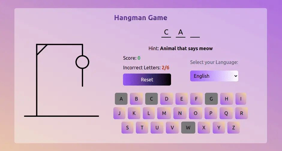 This is a hangman game developed with React, designed to challenge your word guessing skills while trying to avoid losing. The app includes features that make the game dynamic and easy to play.